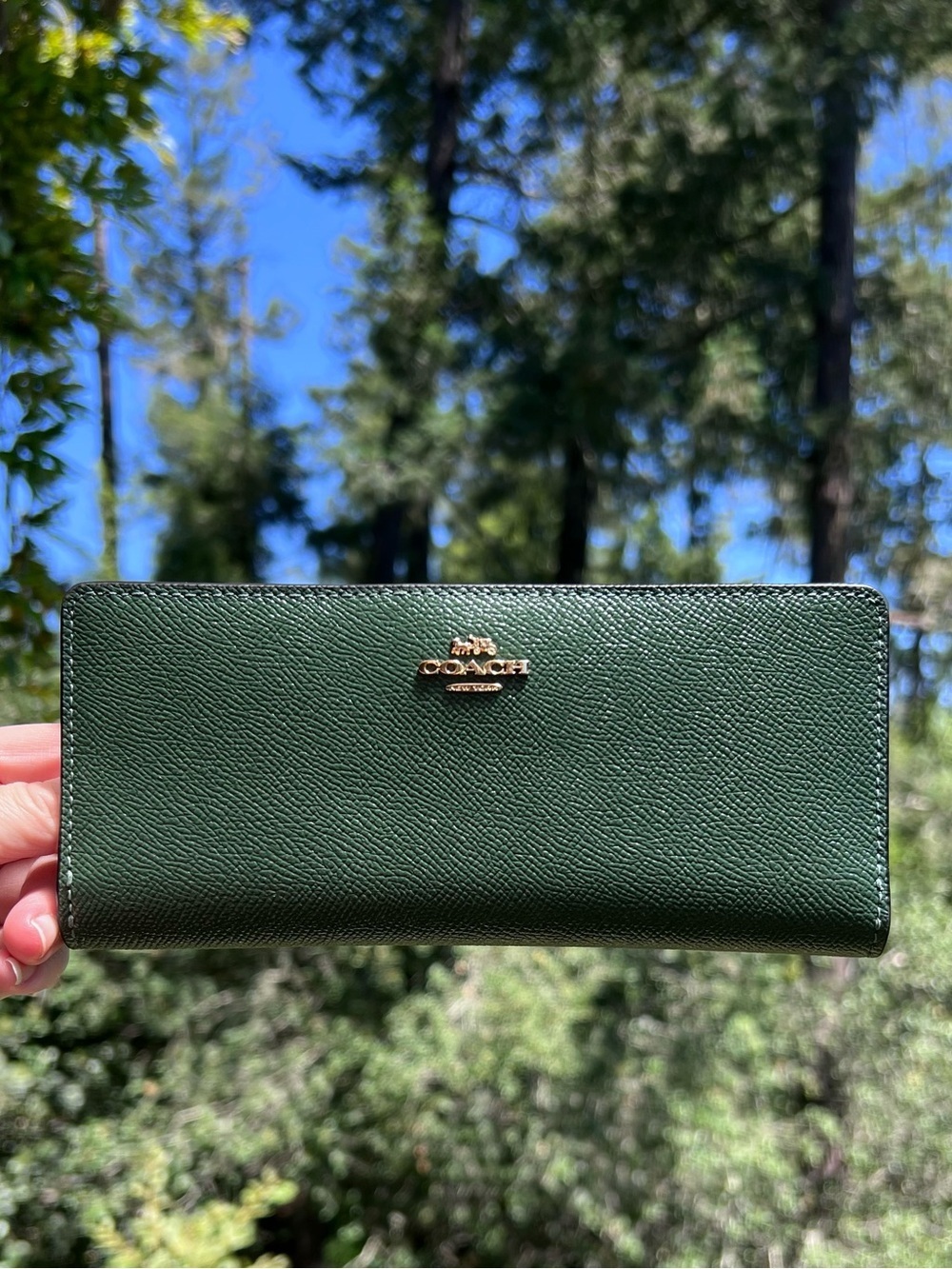 COACH Slim Bifold Hunter GREEN Crossgrain Leather Wallet Gold Hardware AUTHENTIC